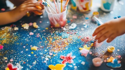 Sparkling Creativity: Children's Art Table Filled with Glitter and Colorful Decorations