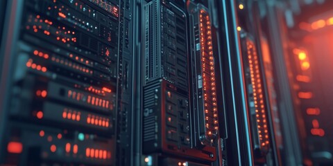 A close-up view of a network rack with multiple computer servers, showcasing the advanced technology and infrastructure used for high performance computing.