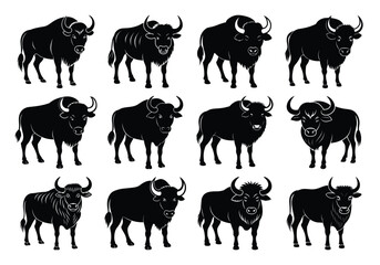 Fototapeta premium Bison buffalo silhouettes set, large pack of vector silhouette design, isolated white background