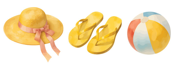 Watercolor icons of beach hat, flip flops, and striped beach ball for summer and holiday themes