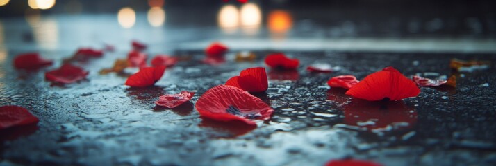 A rainy night in a bustling city, where red petals fall like snow. The wet street mirrors the city lights and adds to the romantic ambiance.