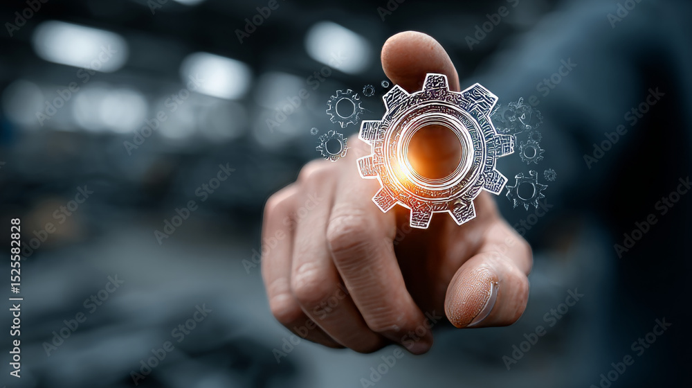 Poster erp: efficiency, integration, optimization concept. hands of businessman holding light bulb and erp 