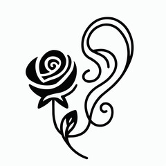 Elegant black rose illustration with decorative swirls on a light background 