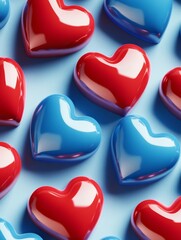 Red and blue heart candies on a cloth background.