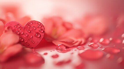 Roses in a shallow pool, drops of water on their petals, creating heart shapes. A romantic, dreamy scene.