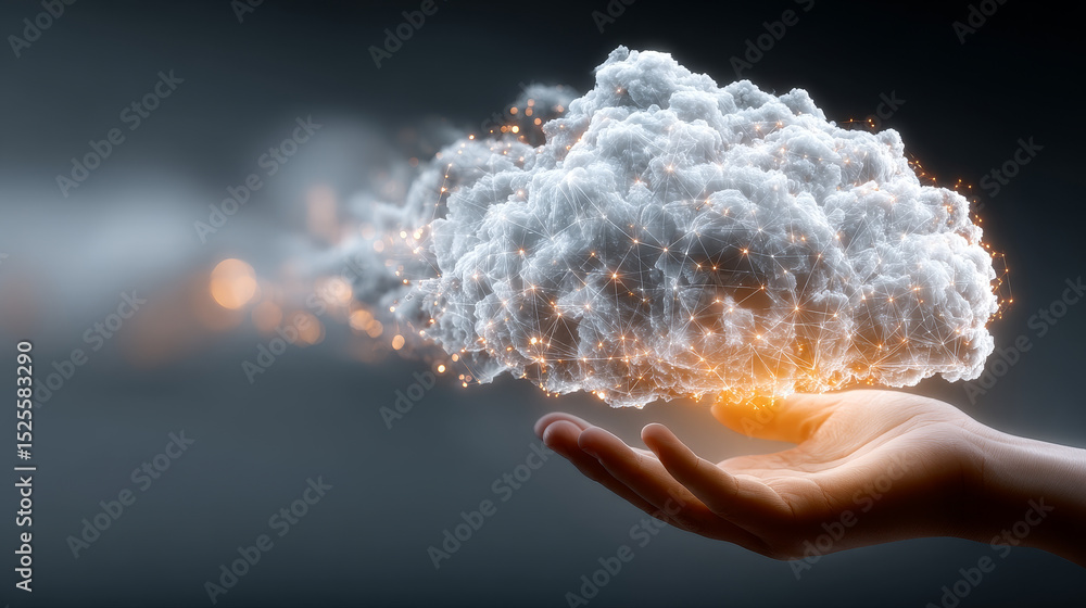 Poster cloud computing: businessman hands hold global cloud computing technology, scalability, flexibility,