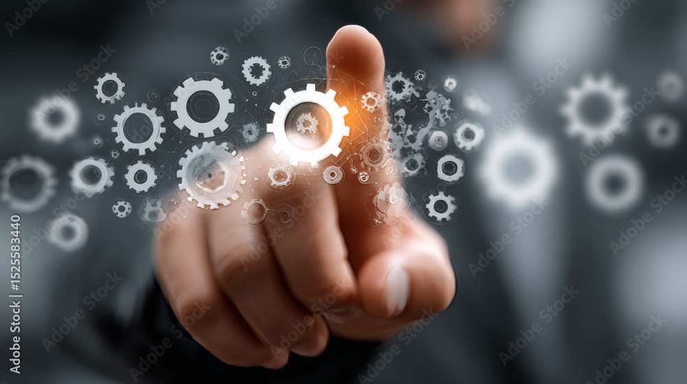 Poster cps (cyber-physical systems): integration, businessman analyzing and monitoring technological cps, r