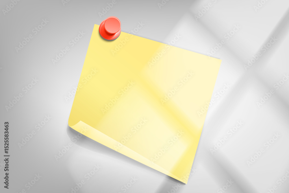 Poster yellow paper sticker on bright background with window light. 3d vector mockup