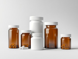 A collection of assorted pills and medicine bottles on a white background. Some are filled with tablets while others contain capsules.