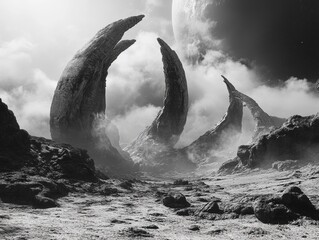 Surreal extraterrestrial scene with volcanic rock formations and lunar sky.