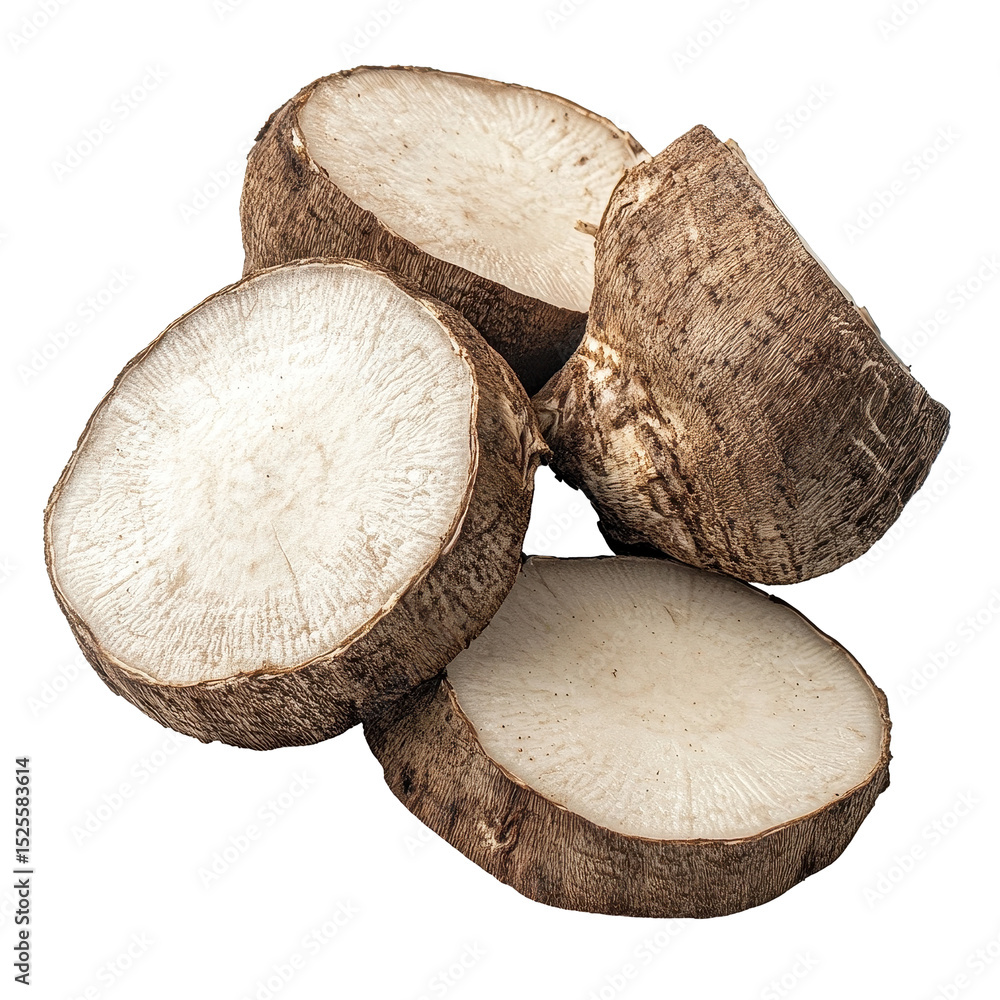 Poster slices of taro root displayed on a clean transparent background, highlighting their texture and colo