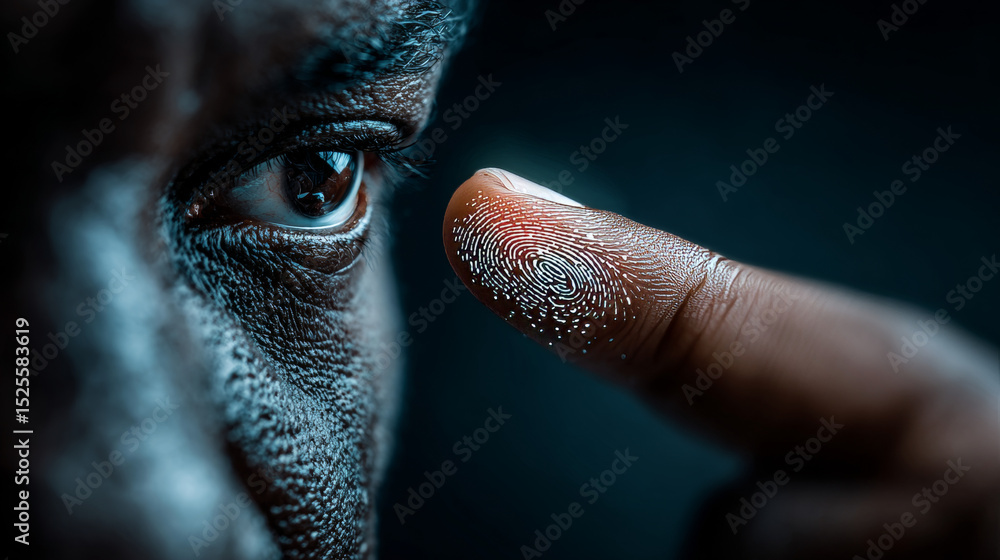 Poster biometric security: businessman touching and authentication system, fingerprint recognition, facial 