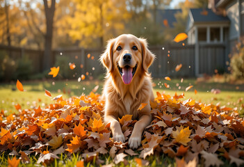 Golden Retriever Playing in Autumn Leaves on Sunny Fall Day golden dog playing cute dog in leaves background first day of fall