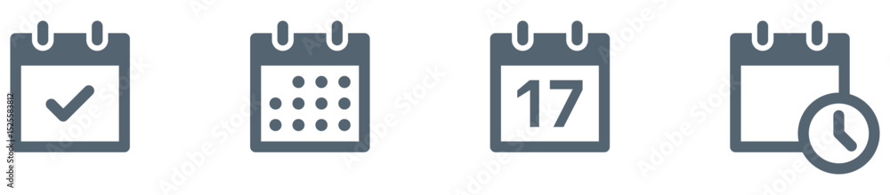 Poster Flat calendar icon set with date, time, event, reminder symbols and checkmark icon. date (17), and clock, ideal for scheduling, planning, task and time management