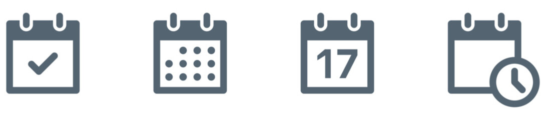 Flat calendar icon set with date, time, event, reminder symbols and checkmark icon. date (17), and clock, ideal for scheduling, planning, task and time management