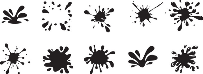 Dynamic collection of black paint splashes and ink splatters, perfect for grunge textures, abstract backgrounds, and expressive artistic designs, adding a distressed or energetic effect.