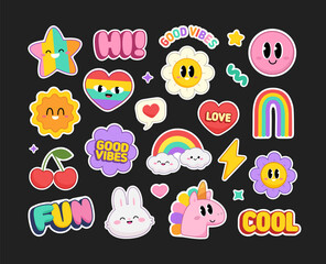 Cute Stickers Collections with Pony Unicorn and funny Cat Unicorn. Cool Y2k stickers set of rainbow cartoon signs and Kawaii emoticons for pins and patch design. 90s style funny cartoon icons (set 2)