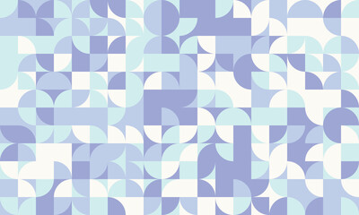 Abstract geometric background featuring a seamless pastel pattern of circles, semicircles, and squares in shades of blue and white.