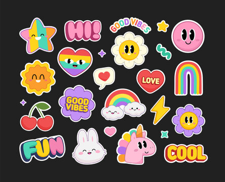 Naklejki Cute Stickers Collections with Pony Unicorn and funny Cat Unicorn. Cool Y2k stickers set of rainbow cartoon signs and Kawaii emoticons for pins and patch design. 90s style funny cartoon icons (set 2)
