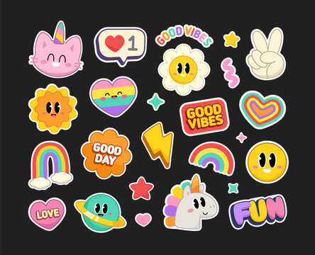 Naklejki Cute Stickers Collections with Pony Unicorn and funny Cat Unicorn. Cool Y2k stickers set of cartoon signs and Kawaii emoticons for pins and patch design. 90s style funny cartoon icons (set 1)
