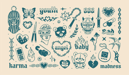 Underground Gothic Tattoo Art and Y2k  Fashion elements set in 2000s style. Y2k temporary Gothic tattoo designs - vector collection. Gothic Cross, heart, butterfly, etc. Opium style fashion elements
