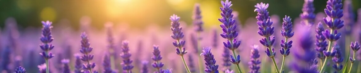 Fototapeta premium A tranquil scene of vibrant purple lavender flowers in full bloom, bathed in soft sunlight The image evokes calmness and serenity, perfect for relaxation-themed projects , nature, flowers