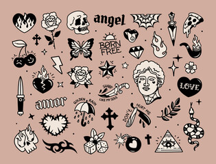Old school tattoo vs Y2k gothic tattoo designs and elements pattern collection. Temporary tattoo black and white designs. Aesthetic 2000s gothic opium set of criminal style elements