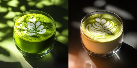 Artistic matcha lattes with leaf latte art in contrasting light
