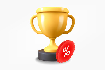 Golden trophy with red label. Discount concept. 3d vector icon