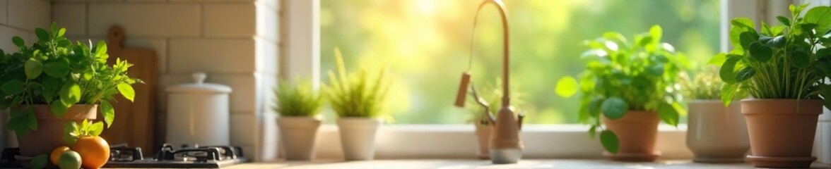 A vibrant, healthy plant thriving in a sun-drenched kitchen, adding a touch of nature to the everyday housework scene Perfectly styled for a home magazine or blog , countertop, aesthetic, clean