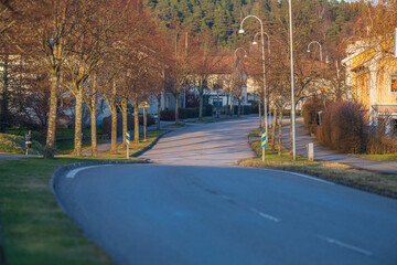 Curving suburban road with trees.