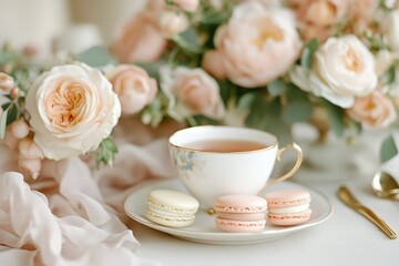 Afternoon tea service with pastel cups and french macarons on a marble surface for a delightful and relaxing experience