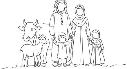 Cattle line drawing. cow, goat, sheep and camel. Eid al-Adha concept, the celebration of Muslim community festival design. Eid Mubarak greetings concept.