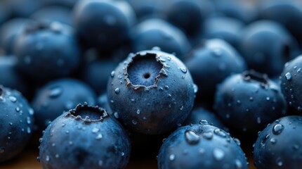 A close up of blueberries with water droplets on them. The blueberries are fresh and juicy, and the water droplets add a sense of freshness and coolness to the image