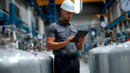 Engineer inspects factory line with digital tablet, showcasing modern industrial management and smart production - Powered by Adobe