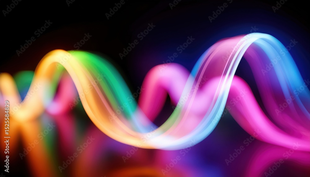Poster vibrant multicolor wave of neon light on black background with glossy reflection, perfect for web de