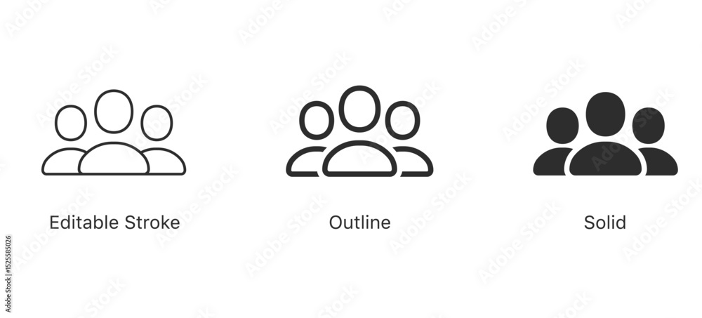 Poster set of team and user group icons in editable stroke, outline, and solid styles, depicting people or 