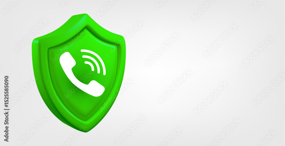 Poster green shield with telephone call sign isolated on grey background. 3d vector banner with copy space