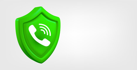 Green shield with telephone call sign isolated on grey background. 3d vector banner with copy space