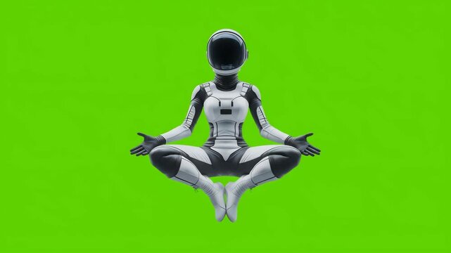 Astronaut woman in a futuristic space suit in the lotus position meditates serenely in zero gravity on a green background
