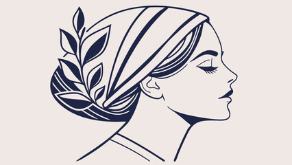 Elegant vector illustration of a woman with a headscarf and decorative leaf pattern for fashion branding