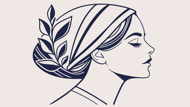 Elegant vector illustration of a woman with a headscarf and decorative leaf pattern for fashion branding