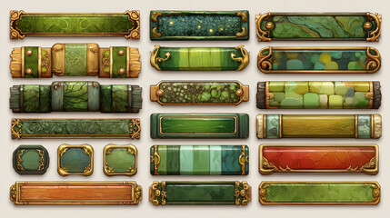 Medieval buttons, ui game menu elements, green oblong banners and gold ornate rims. Empty royal gui bars for rpg or arcade, golden borders, web design interface Cartoon 3d vector illustration, set