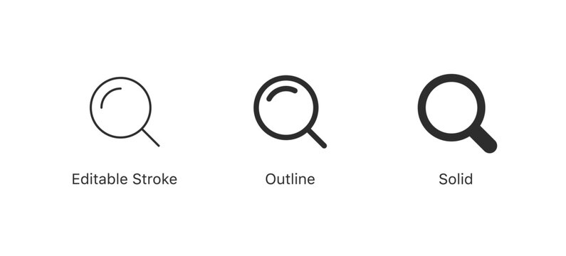 Magnifying glass icon، set of search icons. Perfect for search and exploration. web, research, or detective designs, SEO, research tools, and data exploration visuals. in editable stroke, outline