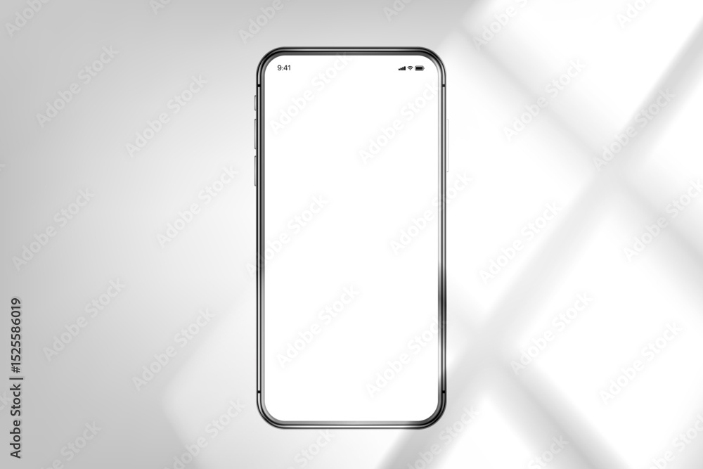 Poster Modern smartphone with blank screen on bright background with window light. 3d vector mockup