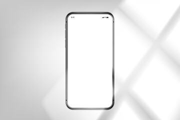 Modern smartphone with blank screen on bright background with window light. 3d vector mockup