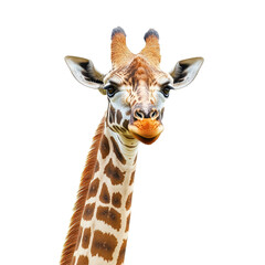 Fototapeta premium Close up view of a young giraffe showcasing its unique features in the African wildlife, Young beautiful close up giraffe Africa animal isolate die cut stand on White background