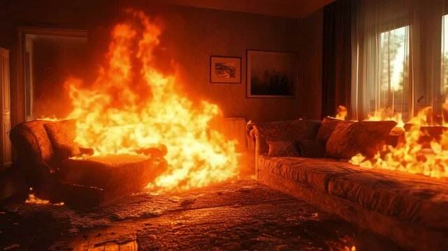 A living room is consumed by a raging fire, with flames spreading across the furniture, carpet, and walls. The intense heat and destruction create a chaotic and dangerous indoor emergency scene.