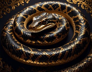 Obraz premium Golden snake coiled on dark background