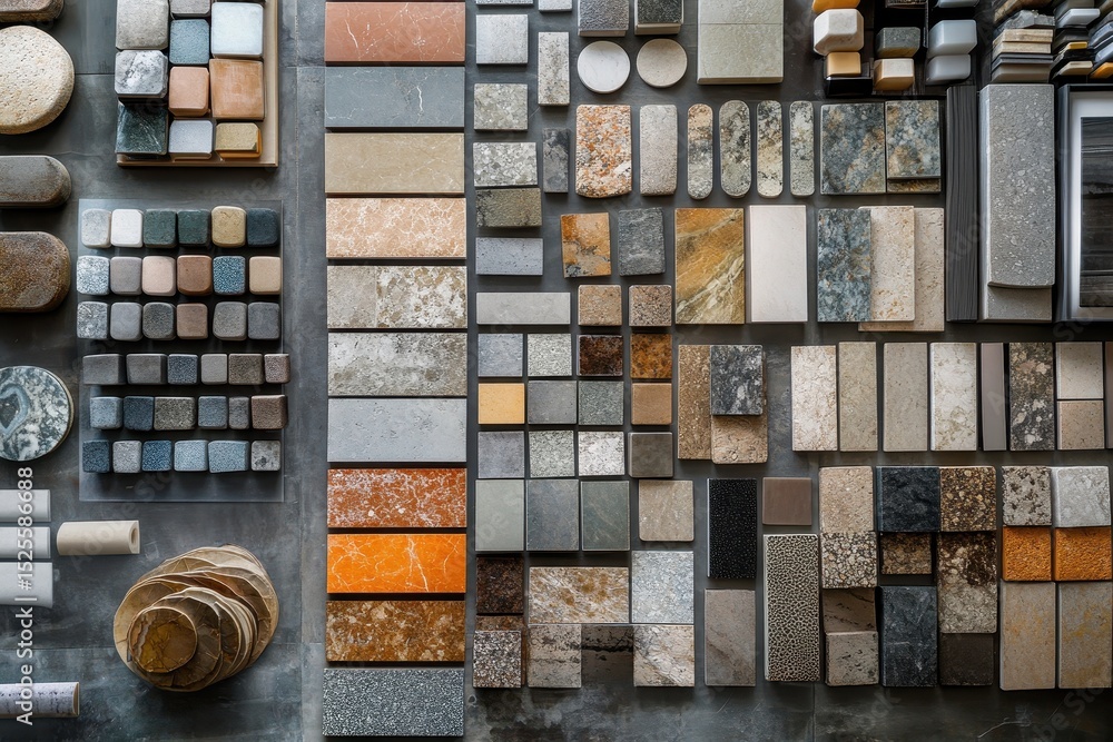 Poster Assortment of various square and round tile samples used for architecture and interior design on a stone countertop